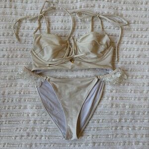 For Love & Lemons Women’s Cream White Balconette Lace Trim Bikini Set Size Small